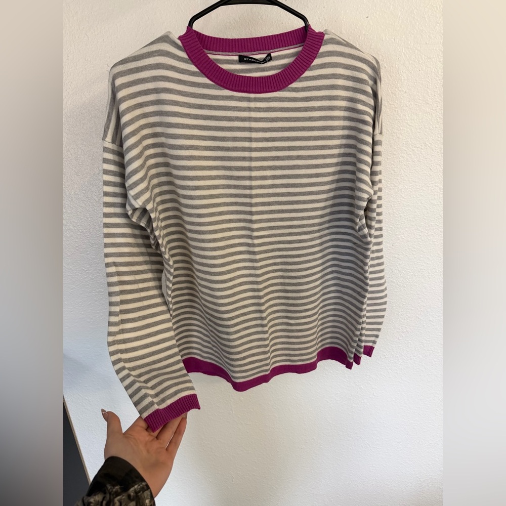 Staccato Gray and White Striped Crew Sweater with Fuchsia Trim